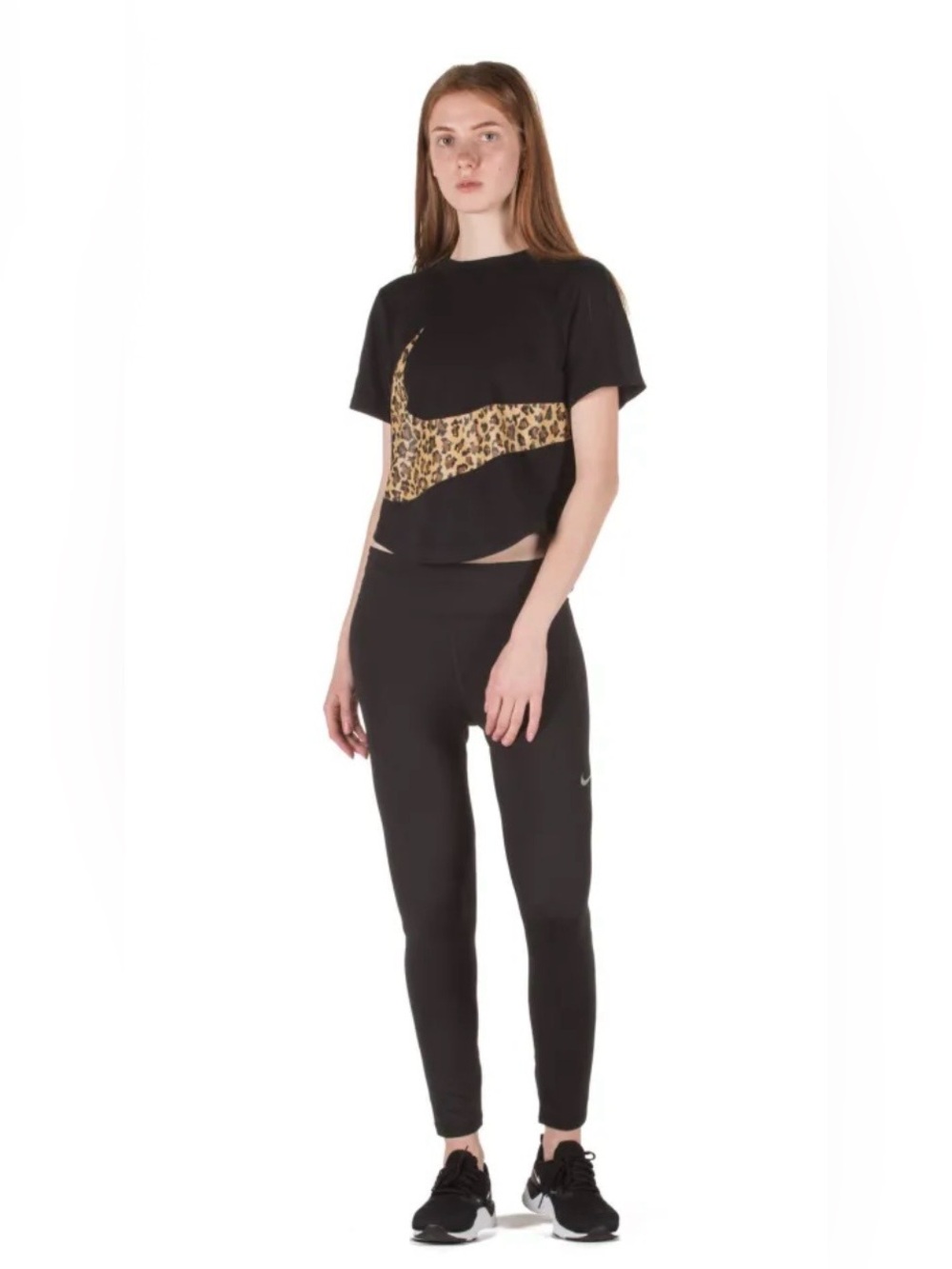 Nike NSW Animal Print Swoosh Cropped Top Black Leopard Logo Size M - Picture 3 of 11